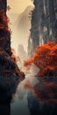 Dreamy Red Tree In Northern China\'s Karst Terrain