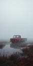 Dreamy Red Truck In Foggy Marsh: Primitivist Realism Cinematic Still
