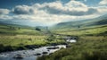 Dreamy River Flowing Through Green Hill In British Landscape
