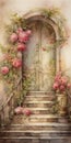 Dreamy Romanticism: Door And Roses On Stairs Painting By Mandy Disher