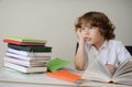 Dreamy schoolboy does his homework Royalty Free Stock Photo