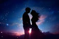 Dreamy silhouette of couple sharing a kiss under starry night sky, neural network generated image