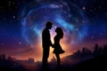 Dreamy silhouette of couple sharing a kiss under starry night sky, neural network generated image