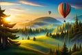 dreamy sky filled with fluffy clouds and a air balloon drifting peacefully through Royalty Free Stock Photo