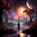 A Womanâs Journey to a Distant Planet: A Digital Illustration of a Woman and a Fantasy Landscape A Surreal Artwork Royalty Free Stock Photo