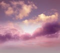 Pink  lilac orange sunset and blue cloudy  sun beam sky with rainbow nature landscape Royalty Free Stock Photo