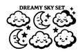 Dreamy sky set with cute smiling clouds and crescent moons with stars vector illustration Royalty Free Stock Photo