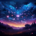 A dreamy starlit sky with heart-shaped constellations and shooting stars forming a celestial display of love.AI Generated Image.