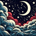 A dreamy starry night sky with spalshing rolling clouds, crescent moon, stars, concept art, fantasy, apparel printing design Royalty Free Stock Photo