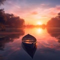 dreamy sunset with calm water and boat, beautiful scene on beach , peaceful , ai generated