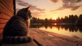 Dreamy Sunset: A Cat\'s Serene Moment On A Rustic Dock Royalty Free Stock Photo