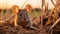 Dreamy Sunset: A Cute Brown Mouse In The Dirt