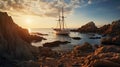 Dreamy Sunset: Old Sailing Boat On Rocky Mountains Coast