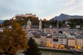 Dreamy sunset over old town salzburg and fortress Hohensalzburg. Royalty Free Stock Photo