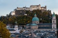 Dreamy sunset over old town salzburg and fortress Hohensalzburg. Royalty Free Stock Photo