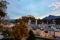 Dreamy sunset over old town salzburg and fortress Hohensalzburg. Royalty Free Stock Photo