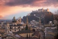 Dreamy sunset over old town salzburg and fortress hohensalzburg Royalty Free Stock Photo