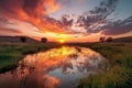 dreamy sunset over serene landscape, with sky and clouds in the foreground