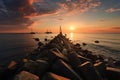 Dreamy sunset seascape, breakwaters stand guard, cargo ships on horizon