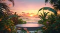 A dreamy sunset view of a tropical beach surrounded by lush greenery and exotic birds symbolizing the calming and Royalty Free Stock Photo