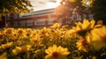 Dreamy Sunset: Yellow Flowers In Front Of Northwest School