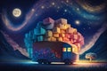 dreamy and surreal depiction of a delivery truck surrounded by an array of floating and colorful packages