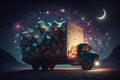 dreamy and surreal depiction of a delivery truck surrounded by an array of floating and colorful packages