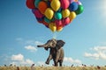 Dreamy and surreal scene featuring an elephant and balloons floating weightlessly in the sky