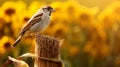 Dreamy Symbolism: Sparrow Sitting On Post In Sun, Influenced By Precisionism