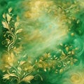 a dreamy tempera art decoupage background. Green and gold background - 1