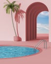 Dreamy terrace, over beach or desert landscape with cloudy sky, potted palm tree, archways in pink stucco plaster, round swimming