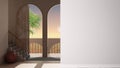 Dreamy terrace, over sea panorama, palm trees, archways in rosy plaster, staircase on a foreground wall, interior design