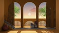 Dreamy terrace, over sea sunset or sunrise with moon and cloudy sky, tropical palm trees, archways in yellow stucco plaster,