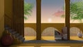 Dreamy terrace, over sea sunset or sunrise with moon and cloudy sky, tropical palm trees, archways in yellow stucco plaster,