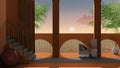 Dreamy terrace, over sea sunset or sunrise with moon and cloudy sky, tropical palm trees, archways in yellow stucco plaster,