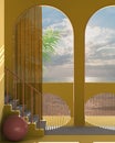 Dreamy terrace, over sea sunset or sunrise with moon and cloudy sky, tropical palm trees, archways in yellow stucco plaster,