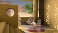 Dreamy terrace, over sea sunset or sunrise panorama, tropical palm trees, yellow stucco plaster wall, staircase and balustrade,