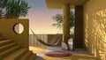 Dreamy terrace, over sea sunset or sunrise panorama, tropical palm trees, yellow stucco plaster wall, staircase and balustrade,