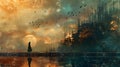 Dreamy Dystopian Cityscape Painting with a Solitary Figure