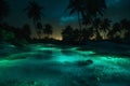 luminous palm night beach sky paradise ocean tropical vacation tree blue. Generative AI.
