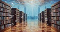 Dreamy underwater library with sunbeams and floating bubbles creates a surreal, tranquil learning sanctuary. Royalty Free Stock Photo