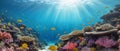 Dreamy underwater scene with colorful coral reef teeming with marine life