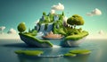 Dreamy Unreal Float Landscape with Waterfall Paradise Idea, Blue Sky Clouds, Floating Island, River, Ship. Generative Ai