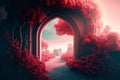 Dreamy valentine`s day landscape with arch of trees. Surreal valentine nature with red forest and flowers