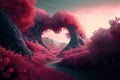 Dreamy valentine`s day landscape with heart shape arch of trees. Surreal valentine nature with red forest and flowers