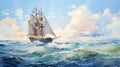 Dreamy Van Sailing Ship On Calm Ocean - Highly Detailed Illustration