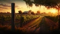 Dreamy vineyard at sunset. Golden hour grapes on the vine growing on a farm. Beautiful landscape. Wine. Royalty Free Stock Photo