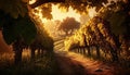 Dreamy vineyard at sunset. Golden hour grapes on the vine growing on a farm. Beautiful landscape. Wine. Royalty Free Stock Photo