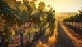 Dreamy vineyard at sunset. Golden hour grapes on the vine growing on a farm. Beautiful landscape. Wine. Royalty Free Stock Photo