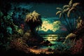 Dreamy vintage dark tropical nature sunset palm jungle rainforest magic background illustration Generative AI